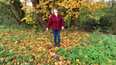 Kot pantolon giymiş orta yaşlı bir kadın ve bordo ceketli. Sonbaharda parkta eğleniyor. Sarı ve portakal ağaçları arasında.
