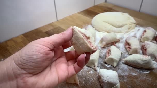 Woman Preparing Dish Meat Dough Wooden Table Sprinkled Flour Concept — Stock Video