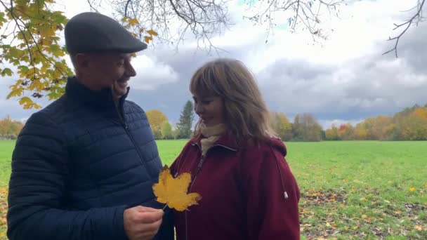 中年の女と男は黄色とオレンジの木々の間の秋の公園で抱きつく傾向があります 葉の秋 異性関係の概念 クローズアップ — ストック動画
