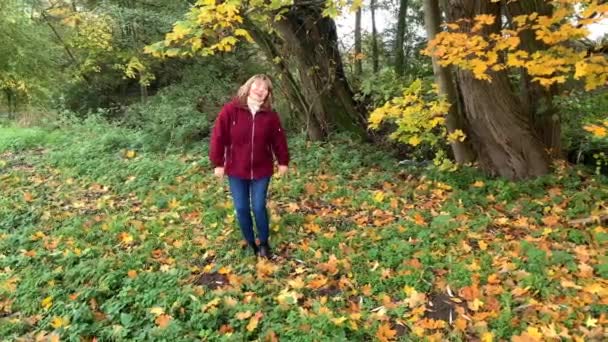 Frau Mittleren Alters Tanzt Herbst Park Zwischen Gelben Und Orangefarbenen — Stockvideo