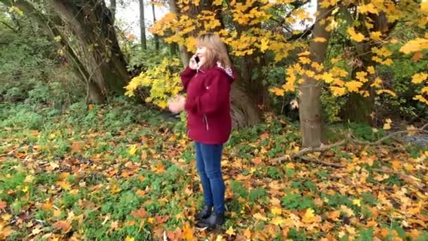 Mujer Mediana Edad Jeans Azules Una Chaqueta Borgoña Parque Otoño — Vídeos de Stock