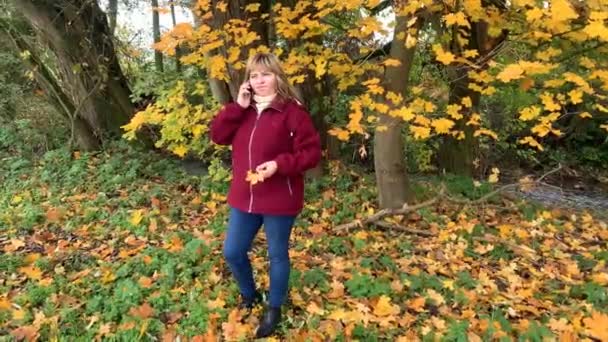 Frau Mittleren Alters Blauen Jeans Und Weinroter Jacke Herbst Park — Stockvideo