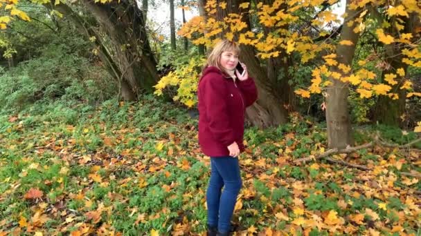 Mujer Mediana Edad Jeans Azules Una Chaqueta Borgoña Parque Otoño — Vídeo de stock