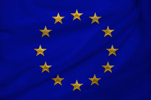 Close-up photo of beautiful colored stylized European Union flag, symbol of united Europe on textured fabric, concept of tourism, emigration, economy and politics, close-up — Stock Photo, Image