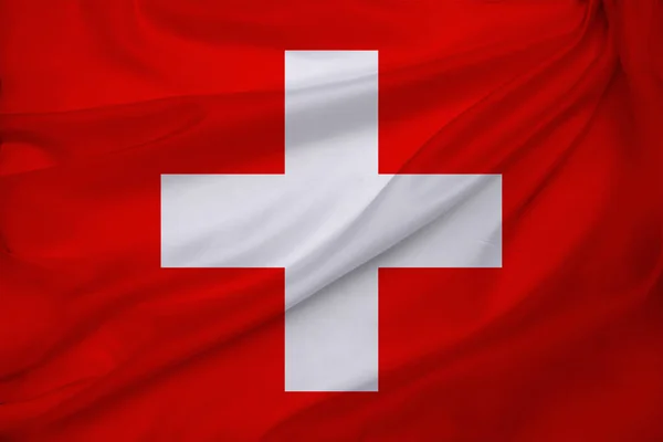 Photo of beautiful colored national flag of modern state of Switzerland on textured fabric, concept of tourism, emigration, econom — Stock Photo, Image