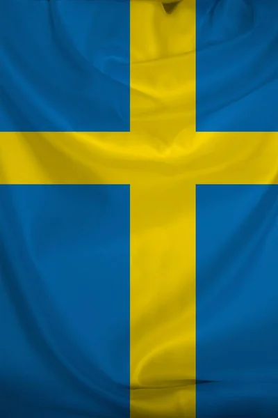 Photo of the beautiful colored national flag of the modern state of Sweden on a textured fabric, concept of tourism, emigration, economics and politics, closeup — Stock Photo, Image