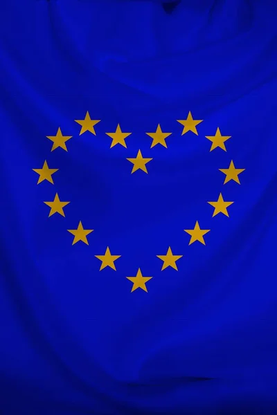 Bandera de la Unión Europea estilizada, símbolo de Europa unida sobre seda suave con pliegues suaves, primer plano — Foto de Stock