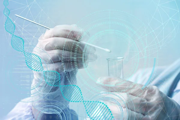 Gloved technician puts a sample for DNA analysis on a cotton swab into a glass test tube, a macromolecule spiral, a scientific and medical examination concept, close-up — Stock Photo, Image