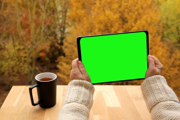 Frauenhände halten Tablet-PC mit vorprogrammiertem grünen Bildschirm, schwarzer Becher mit Tee auf der Terrasse über herbstgelben und orangefarbenen Bäumen, das Konzept des gemütlichen Herbstes in der Natur. perfekt für Screen Compositing — Stockfoto