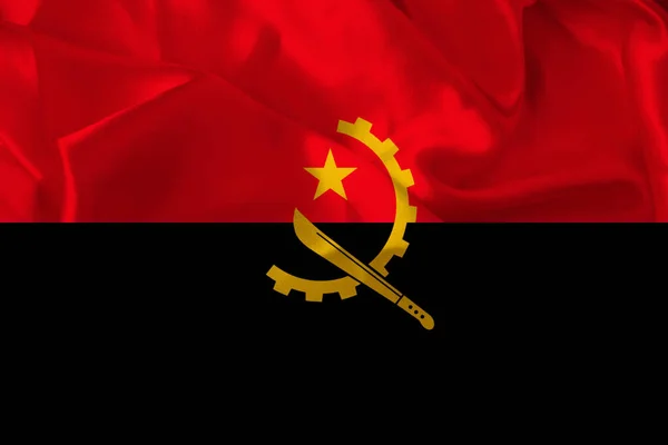 Color national flag of modern Angola state on beautiful silk fabric, concept of tourism, economy, politics, emigration, closeup — Stock Photo, Image