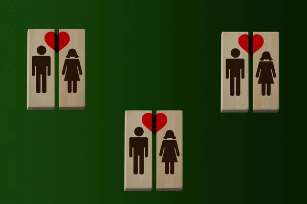 Symbole de 3 hommes et 3 femmes sur des blocs de bois, avec un cœur rouge, le concept d'amour et de relations, espace de copie — Photo