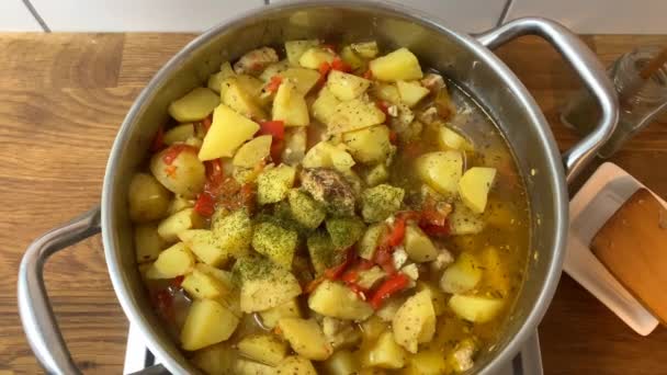In a large metal pan, a delicious homemade dinner is prepared, boiling a fragrant nutritious broth, the concept of cooking homemade food — Stock Footage Large Metal Pan Delicious Homemade Dinner Prepared Boiling Fragrant Nutritious Video Clip
