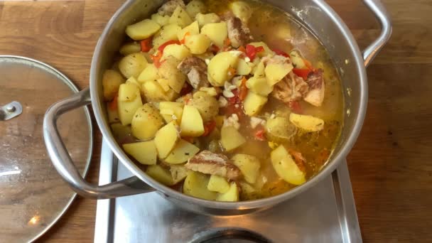 Housewife sprinkles with chopped cheese a delicious traditional Eintopf dish with meat and vegetables in a large metal pan, home cooking concept — Stock Footage Housewife Sprinkles Chopped Cheese Delicious Traditional Eintopf Dish Meat Vegetables Stock Video