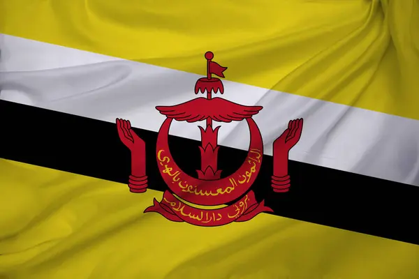 Gekleurde nationale vlag van de moderne staat Brunei op een prachtige zijden stof gedrapeerd in vloeiende plooien, concept van toerisme, emigratie, economie en politiek, close-up — Stockfoto