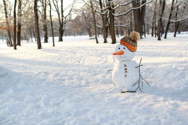 Güzel bir kış manzarasının ön planında kardan adam parktaki, ormandaki beyaz karlı ağaçlar, karda derin izler, mevsimsel, hava durumu konsepti