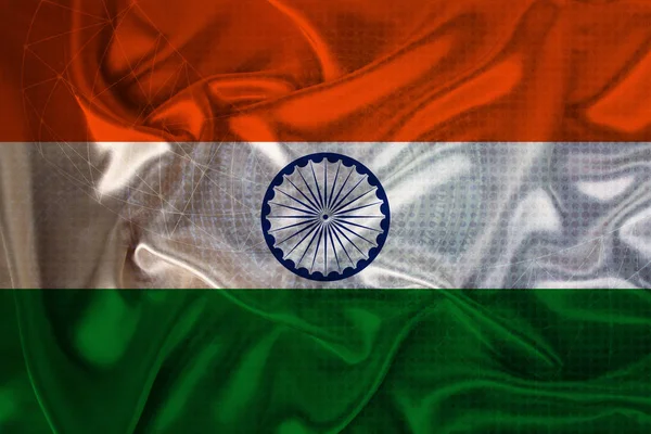 Wunderschöne farbige Nationalflagge Indiens auf Stoffleinwand, Klett, Nahaufnahme, Tourismuskonzept, Wirtschaft und Politik — Stockfoto