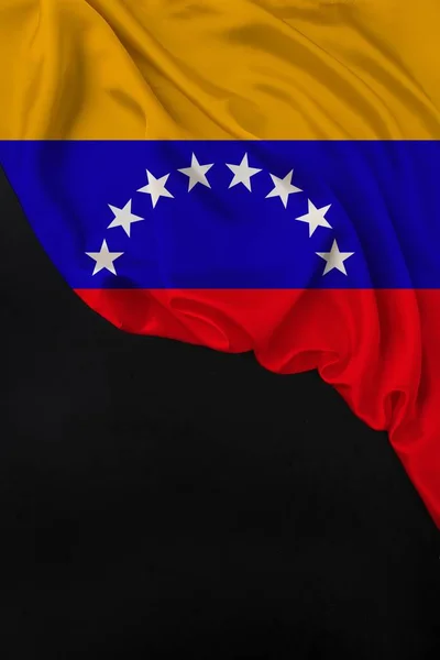 Vertical colored national flag of the modern state of Venezuela, beautiful silk, black blank, concept of tourism, economy, politics, emigration, independence day, copy space, template — Stock Photo, Image