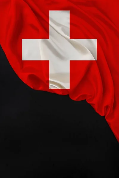Vertical color national flag of modern state of Switzerland, beautiful silk, black blank form, concept of tourism, economy, politics, emigration, independence day, copy space, template — Stock Photo, Image