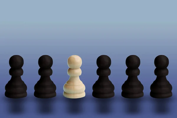 Pezzi di scacchi in legno, una pedina bianca in fila di pezzi neri, concetto di business, primo piano, spazio copia — Foto Stock