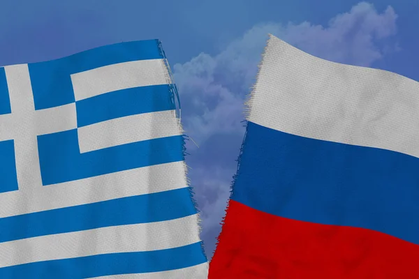 two colored flags on torn fabric, a symbol of international relations between Russia and Greece, the concept of global business, the deterioration of political and economic relations