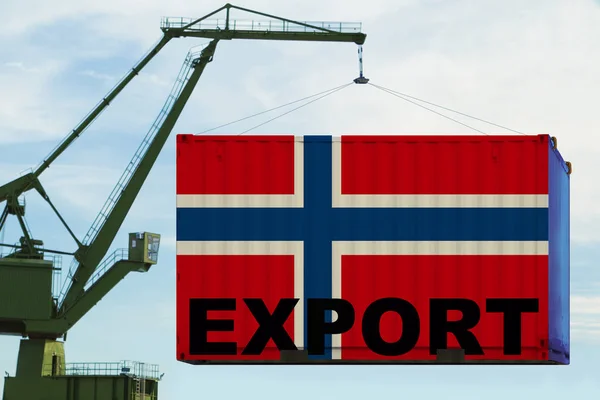 Guindaste portuário detém um contêiner com a bandeira da Noruega, o conceito de transporte de um país ao redor do mundo por via marítima, a distribuição de mercadorias em um negócio global — Fotografia de Stock