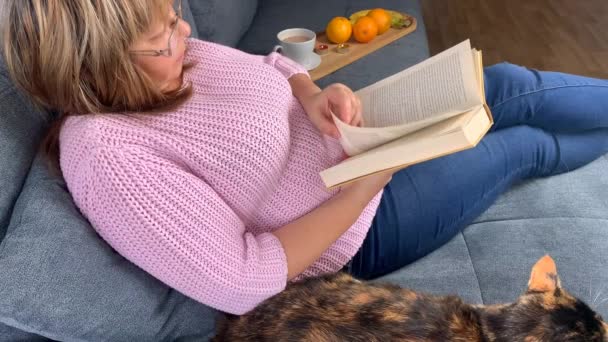 Soffan Rummet Sitter Kvinna Rosa Pullover Och Läser Bok Och — Stockvideo