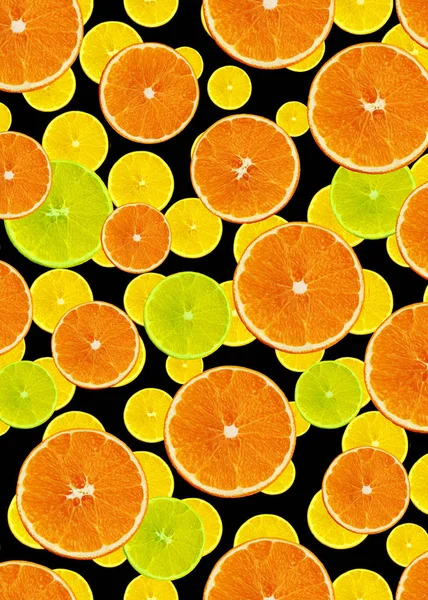 cute set with orange slices of orange, lemon and citron on a black background for menu or recipe, concept of vegetarian, vitamin and healthy food, background, textile, postcard, wallpaper