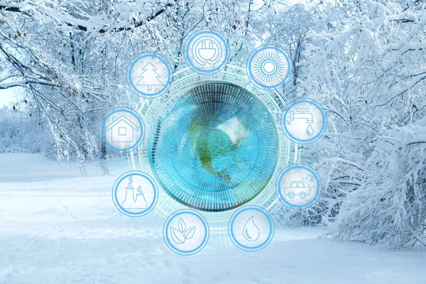 Ikony symboli środowiskowych na niebieskim okręgu na tle zimowego krajobrazu, koncepcja ochrony środowiska na planecie, ochrona zasobów naturalnych — Zdjęcie stockowe