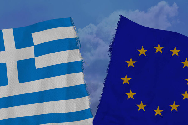two colored flags on torn fabric, a symbol of international relations of the European Union and Greece, the concept of global business, the deterioration of political and economic relations