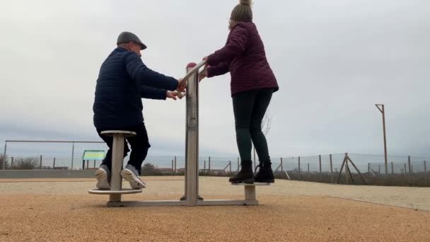 Mujer Mediana Edad Hombre Realizan Ejercicios Juntos Máquinas Ejercicio Callejeras — Vídeos de Stock