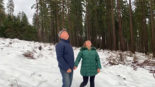 冬日里 穿着夹克的中年妇女和男子在多雪的森林里散步 牵着手 欣赏大自然 — 图库视频影像