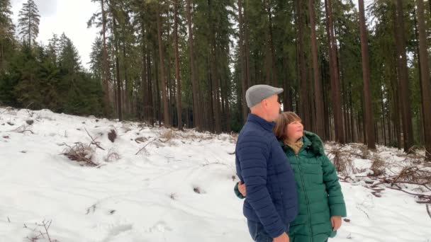 Mujer Mediana Edad Hombre Con Chaquetas Caminan Invierno Través Bosque — Vídeo de stock