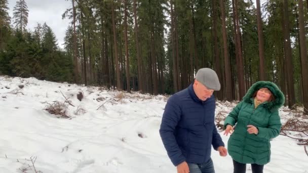 Žena Středního Věku Muž Bundách Procházka Zimě Zasněženým Lesem Bavte — Stock video