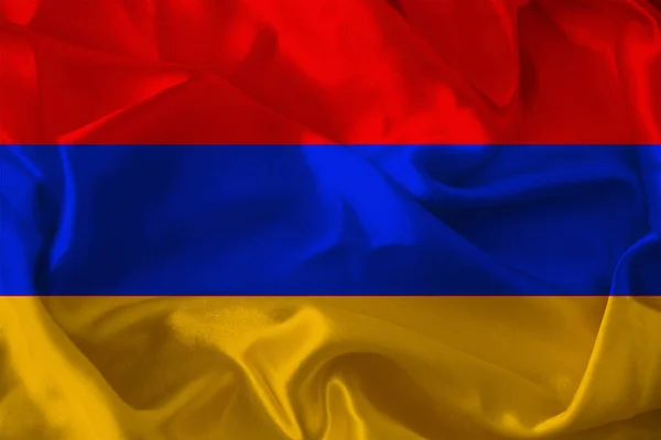 Schönes Foto der farbigen Nationalflagge des modernen Staates Armenien auf strukturiertem Stoff, Konzept von Tourismus, Auswanderung, Wirtschaft und Politik, Nahaufnahme — Stockfoto