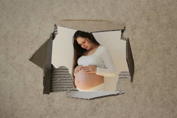 De um buraco rasgado em um cartão marrom vazio em branco uma mulher grávida com uma barriga grande é visível, o conceito de gênero de uma criança. Instrução — Fotografia de Stock