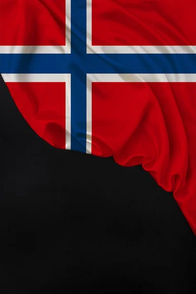 Vertical color national flag of modern state of Norway, beautiful silk, black blank, concept of tourism, economy, politics, emigration, independence day, copy space, template — ストック写真