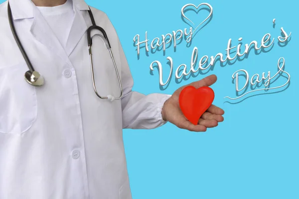 doctor in white uniform holds a red heart in his hand, happy valentines day, medic day, poster background, greeting card template, invitation card