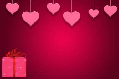 Pembe arka planda asılı kalpler, hediye, mutlu sevgililer günü afişi, tebrik kartı şablonu, davetiye kartı