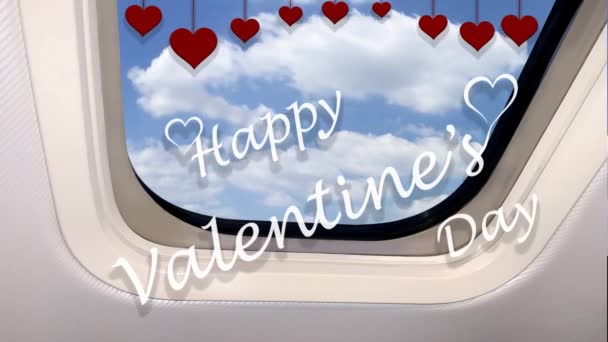 空を飛ぶ飛行機雲の門の後ろに青い空を横切ってレースしている碑文は幸せなバレンタインデーと心を表示されます — ストック動画