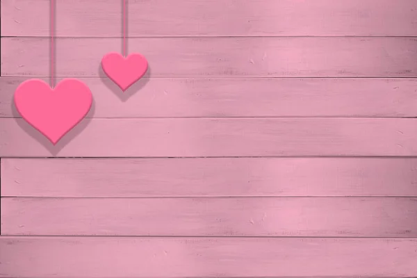 Corazones rosados colgando sobre un fondo de madera claro, fondo del cartel del día de San Valentín, plantilla de tarjeta de felicitación, tarjeta de invitación —  Fotos de Stock