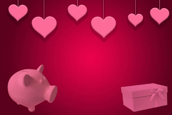 Hearts hanging on a pink background, gift and piggy bank, happy valentines day poster background, greeting card template, invitation card — 스톡 사진