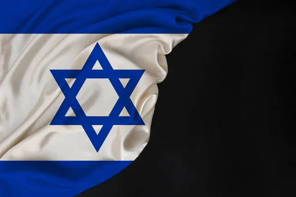 Bandiera nazionale dello stato moderno di Israele, bella seta, bianco nero, concetto di turismo, economia, politica, emigrazione, giorno dell'indipendenza, spazio copia, modello, orizzontale — Foto Stock
