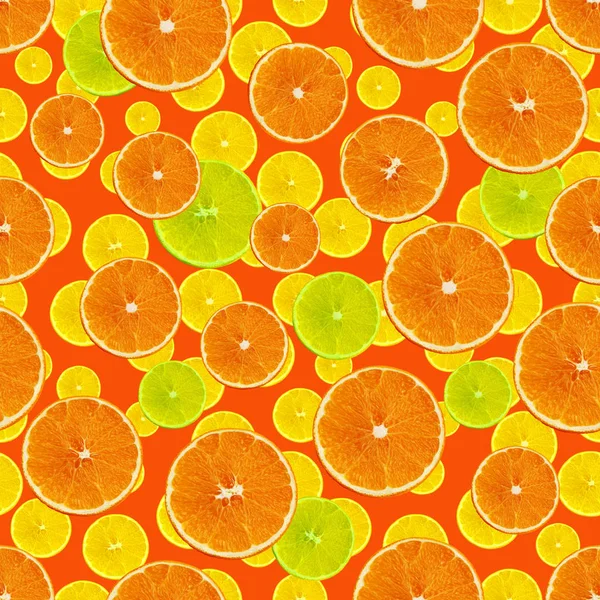 Set seamless texture with juicy slices of orange, lemon, lime on an orange background for menu or recipe, concept of vegetarian, vitamin and healthy food, background, pattern for textile, wallpaper — Stock Photo, Image