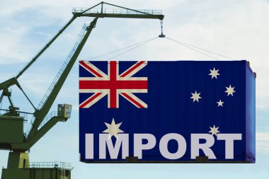 port crane holds container with australia flag, concept of shipping, distribution of goods in a global business clipart