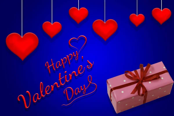 Coeurs rouges suspendus sur un fond bleu, cadeau, fond d'affiche de la Saint-Valentin heureux, modèle de carte de vœux, carte d'invitation — Photo