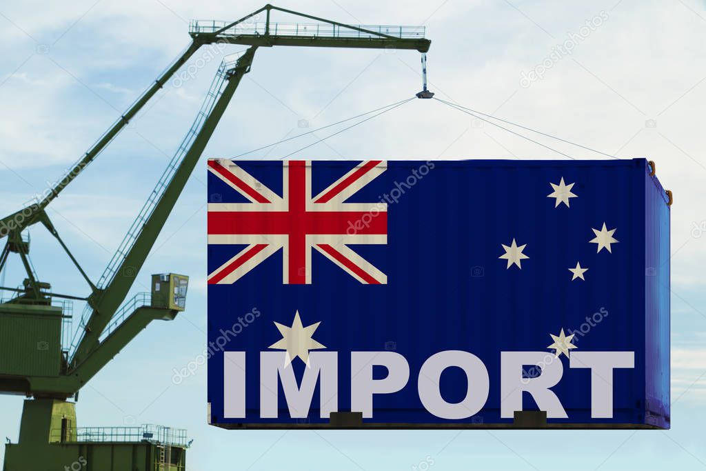 port crane holds container with australia flag, concept of shipping, distribution of goods in a global business