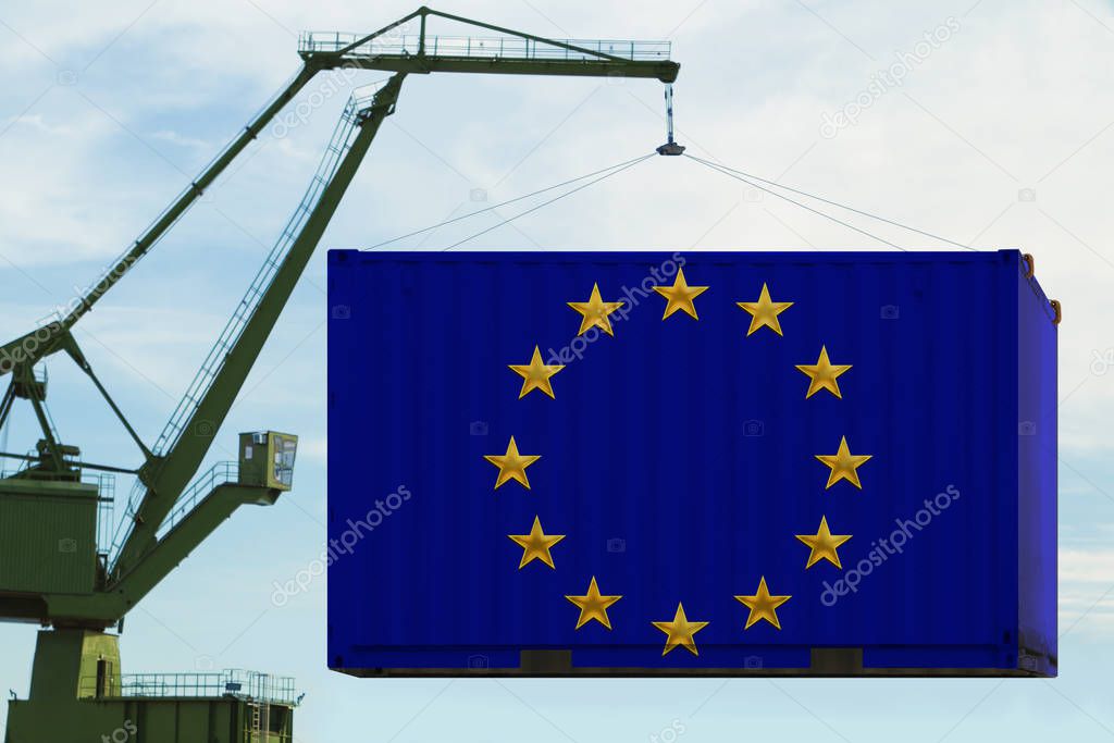 port crane holds a container with the flag of the European Union, the concept of shipping, distribution of goods in a global business