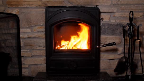 Beautiful Orange Flame Fire Burning Firewood Iron Black Fireplace Close — Stock Video