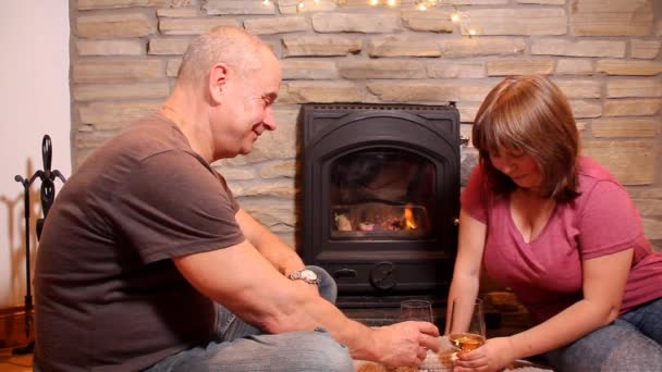 Woman Man Hold Two Glasses Wine Front Burning Fireplace Concept — Stock Video