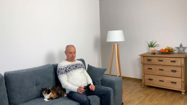 Homem Adulto Suéter Branco Nórdico Sentado Sofá Lado Gato Assistindo — Vídeo de Stock